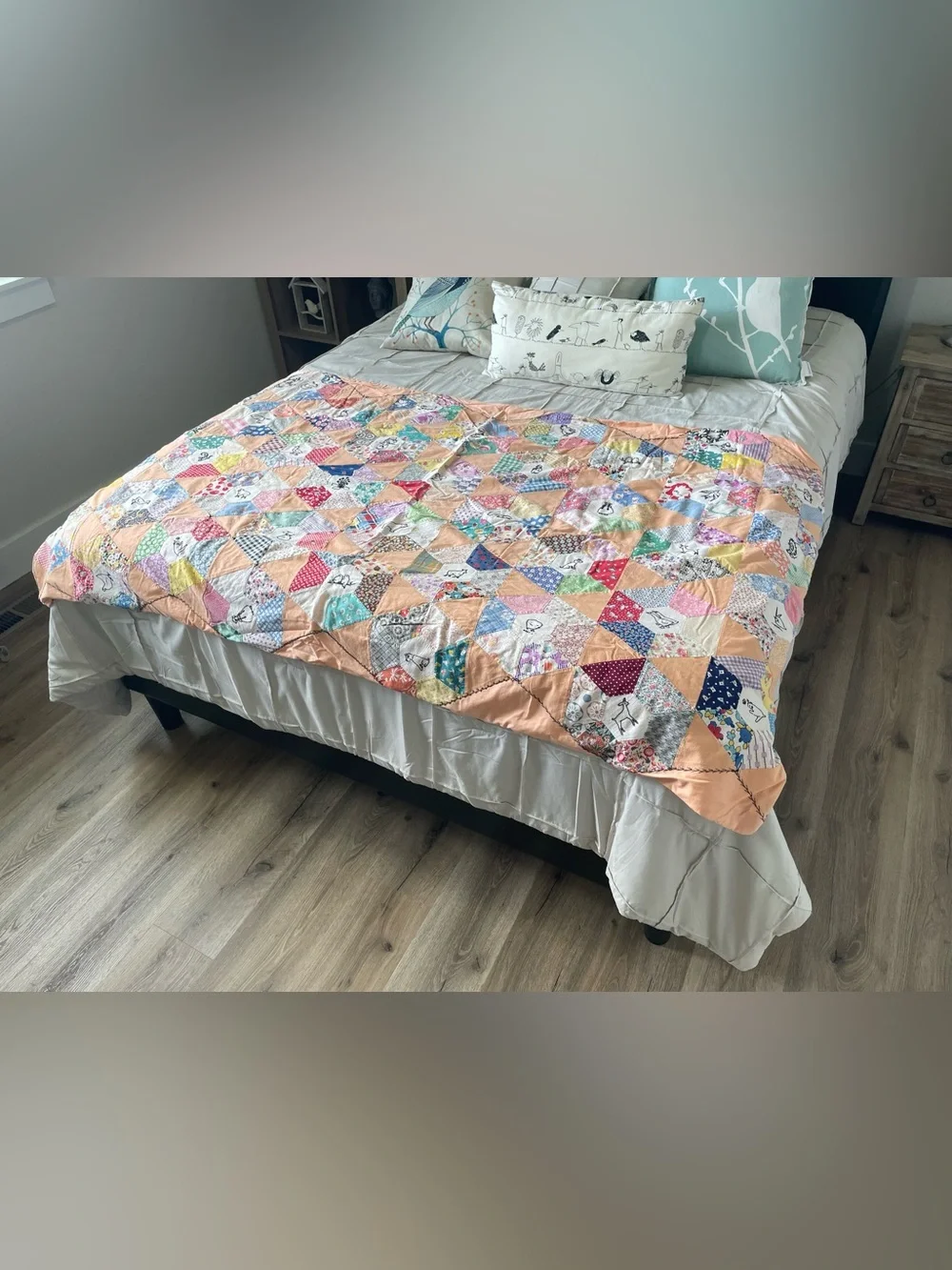 vintage 1940s hand sewn scrappy hexi quilt with adorable figures 40.5x67”